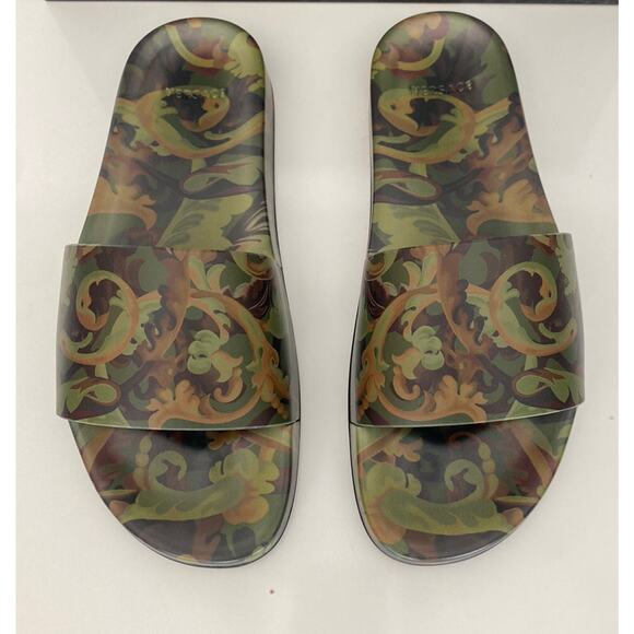 Versace Baroccoflage Slides Sandals Khaki 8 US (41 Euro) IT DSU6516 NIB $395 - Picture 4 of 11